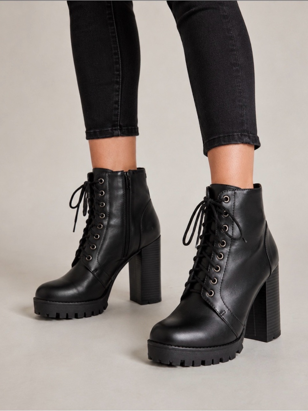 Soda Black Lace-Up Chunky Heel Ankle Booties